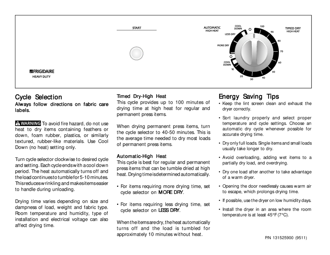 Frigidaire FDE216RE Cycle Selection, Energy Saving Tips, Always follow directions on fabric care labels 