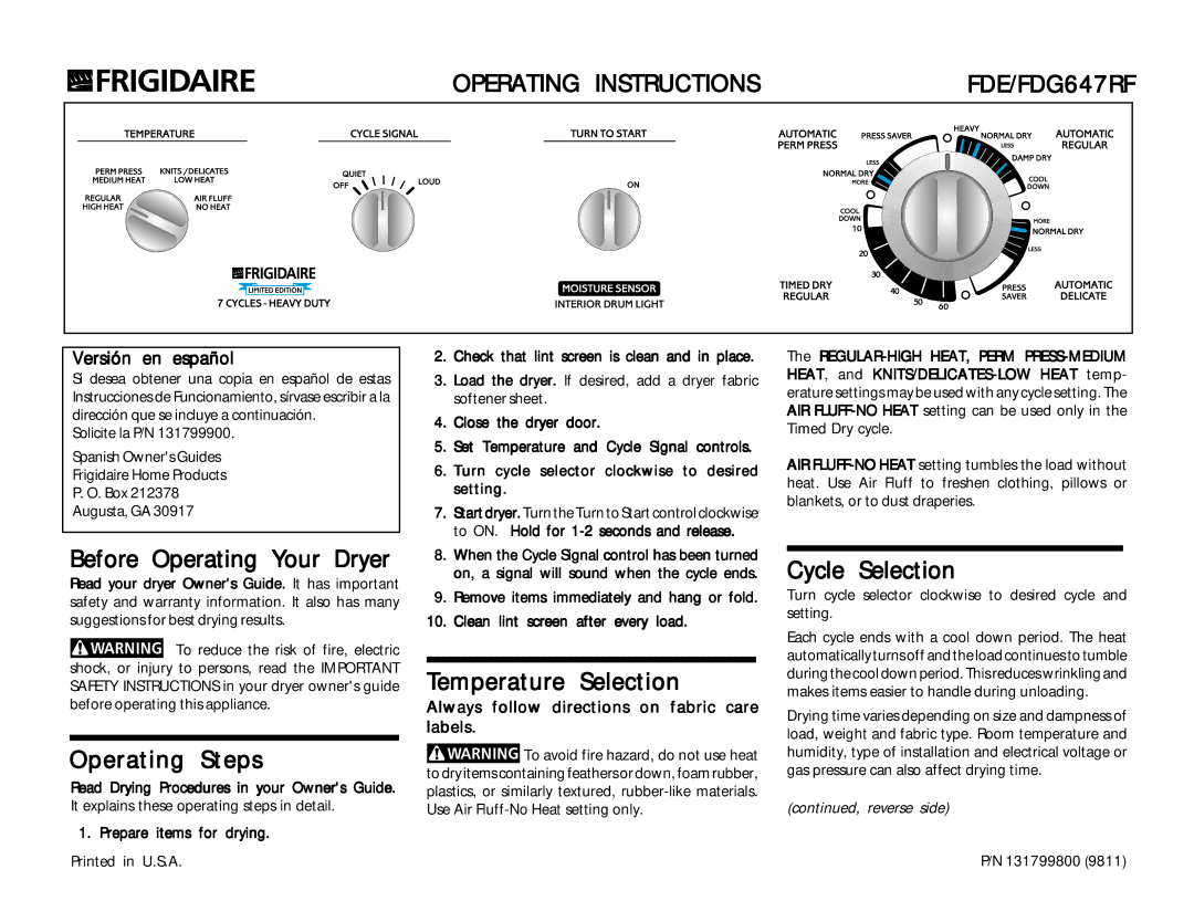 Frigidaire FDE/FDG647RF operating instructions Before Operating Your Dryer, Operating Steps, Temperature Selection 