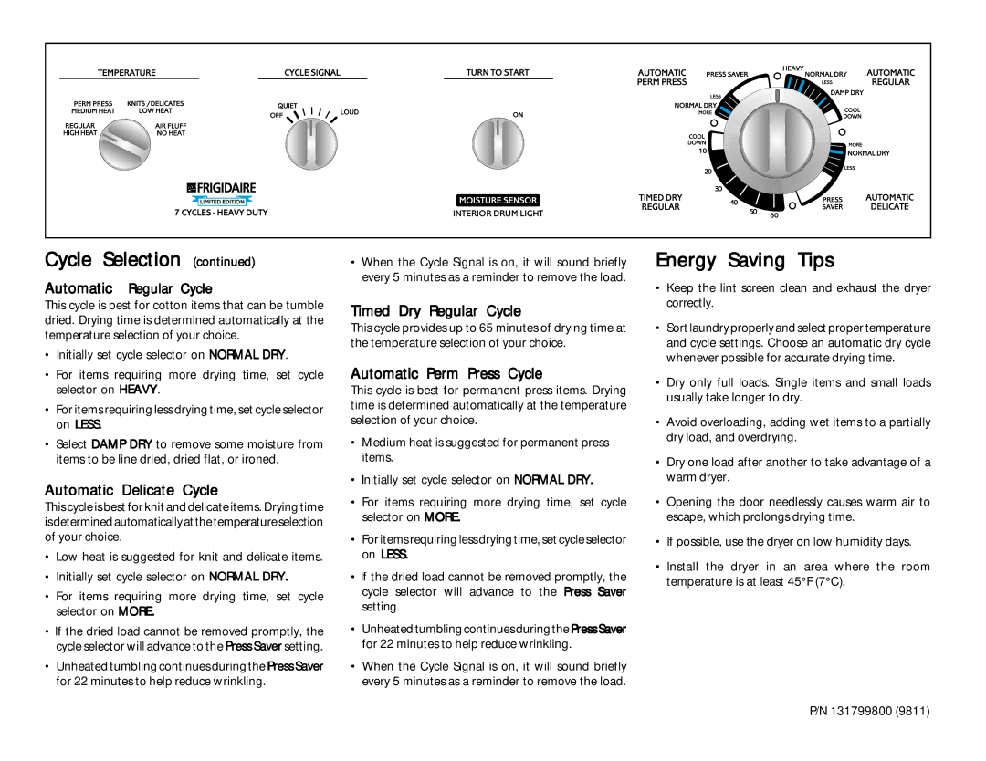 Frigidaire FDE/FDG647RF Energy Saving Tips, Automatic Delicate Cycle, Timed Dry Regular Cycle, Automatic Perm Press Cycle 