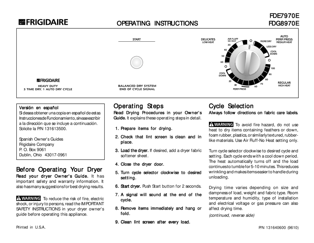 Frigidaire FDE7970E warranty Before Operating Your Dryer, Operating Steps, Cycle Selection, FDG8970E 