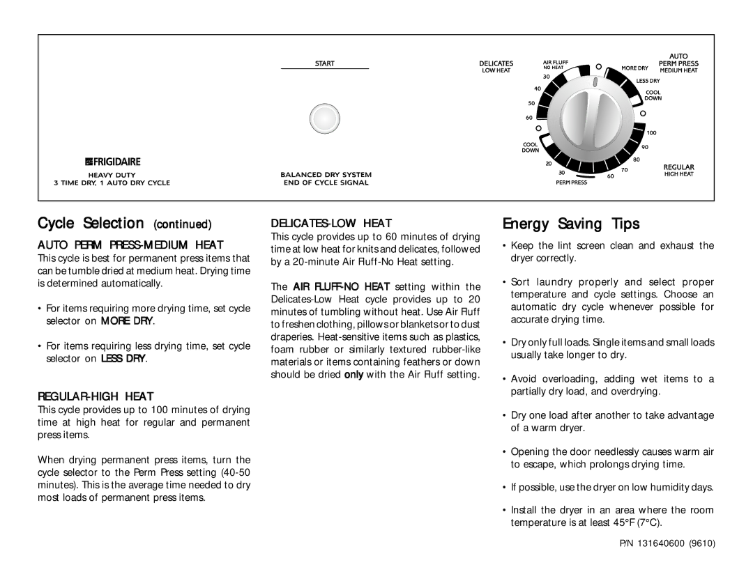 Frigidaire FDG8970E, FDE7970E Energy Saving Tips, DELICATES-LOW Heat, Auto Perm PRESS-MEDIUM Heat, REGULAR-HIGH Heat 