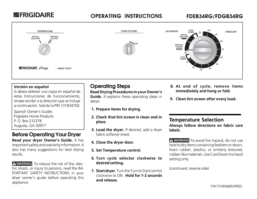 Frigidaire FDEB34RG, FDGB34RG operating instructions Before Operating Your Dryer, Operating Steps, Temperature Selection 