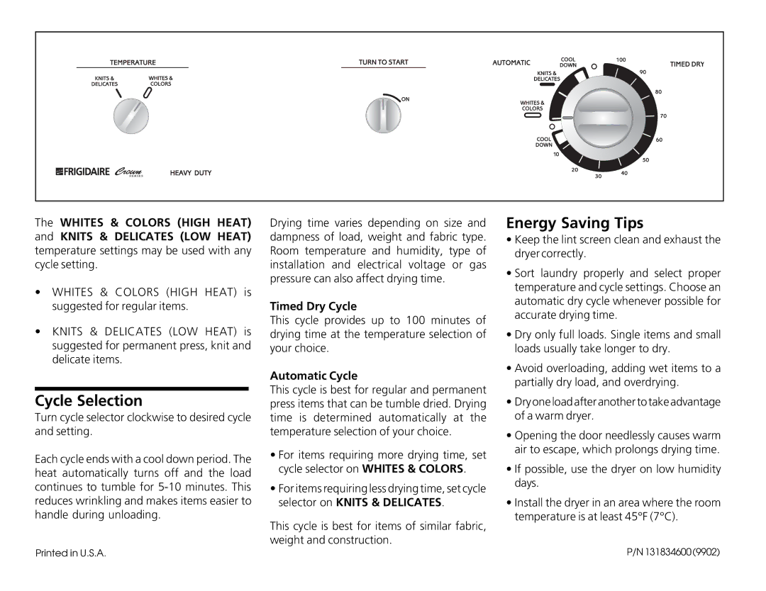 Frigidaire FDGB34RG, FDEB34RG operating instructions Cycle Selection, Energy Saving Tips, Timed Dry Cycle, Automatic Cycle 