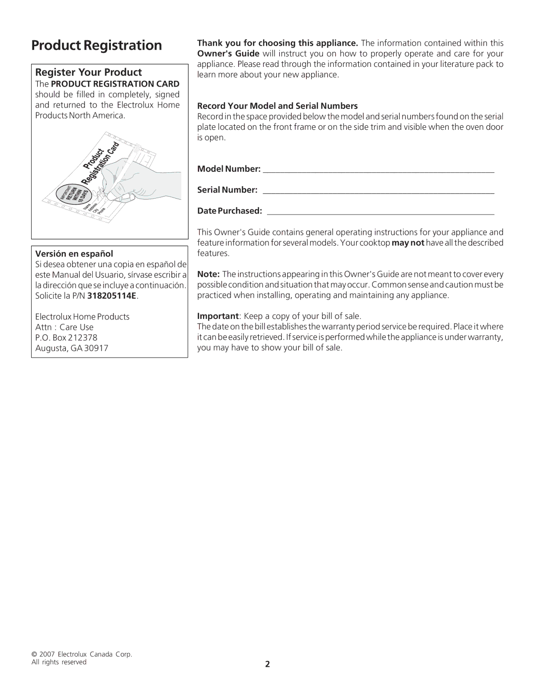 Frigidaire FEB24S2AB, FEB24S2AS Product Registration, Register Your Product, Model Number Serial Number Date Purchased 