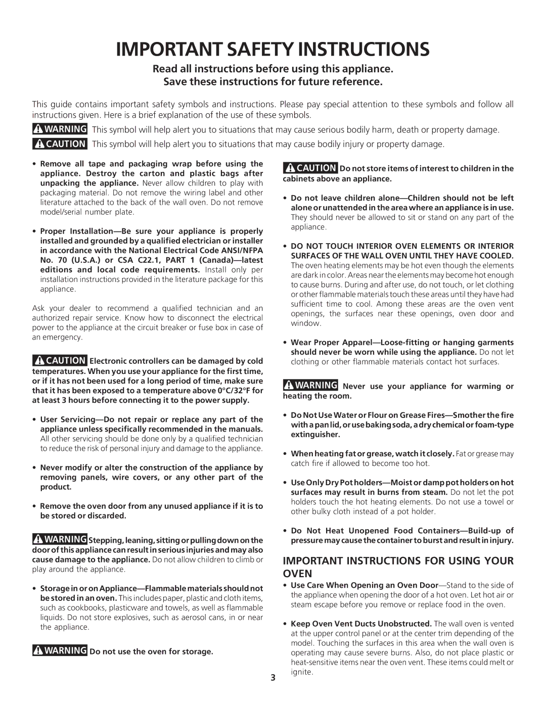 Frigidaire FEB24S5AS, FEB24S2AS, FEB24S5AB, 0703 Important Safety Instructions, Important Instructions for Using Your Oven 