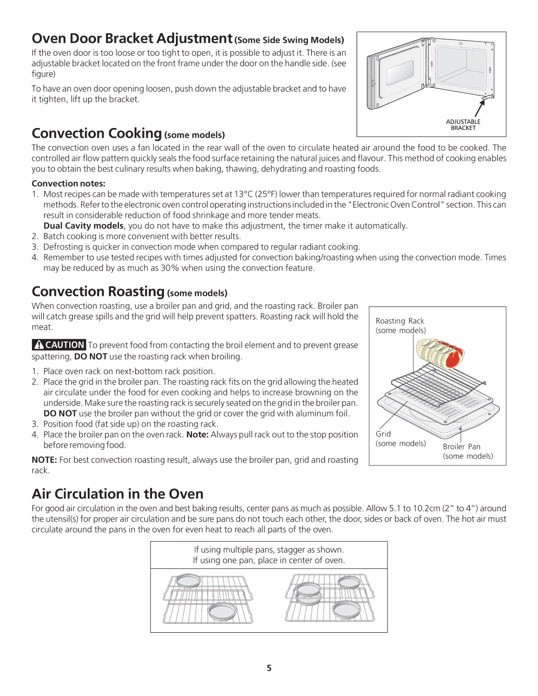 Frigidaire 318205114 Oven Door Bracket Adjustment Some Side Swing Models, Convection Cooking some models, Convection notes 