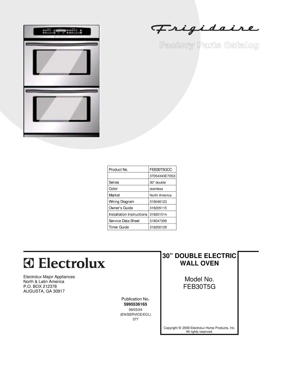 Frigidaire FEB30T5GCC installation instructions Double Electric 