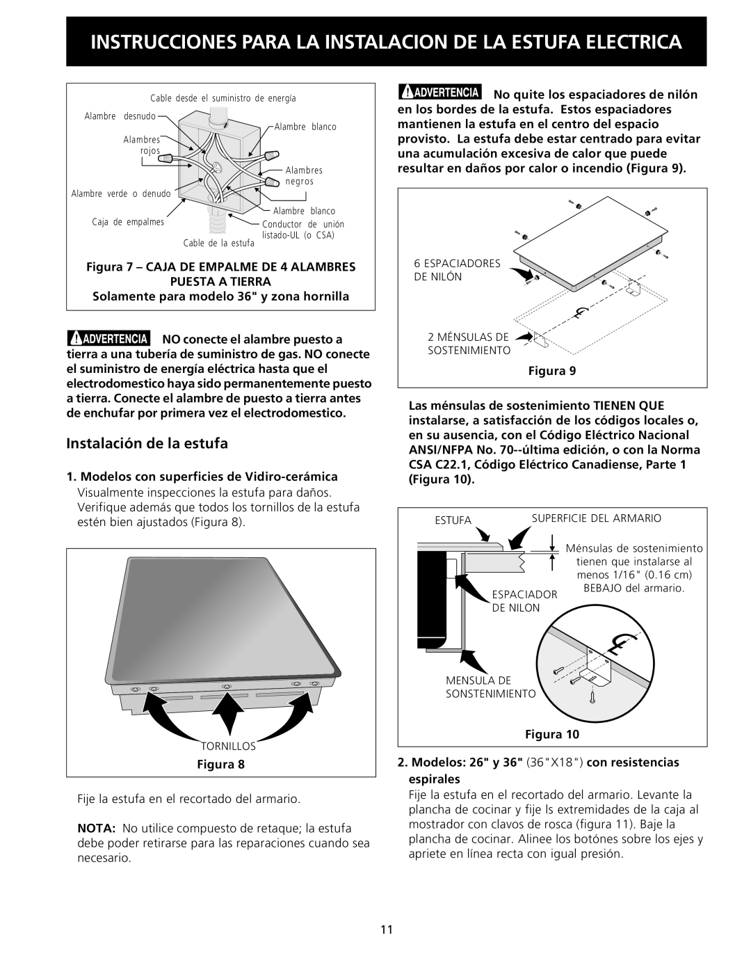 Frigidaire 318201426 (0810), FEC32S6AS Instalación de la estufa, Solamente para modelo 36 y zona hornilla, Espirales 