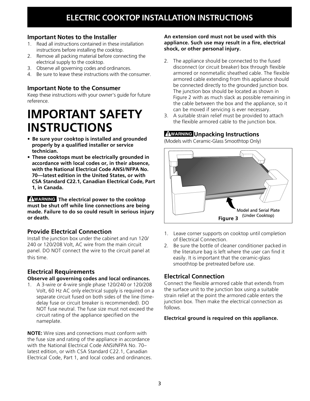 Frigidaire 318201426 (0810) Important Notes to the Installer, Important Note to the Consumer, Electrical Requirements 