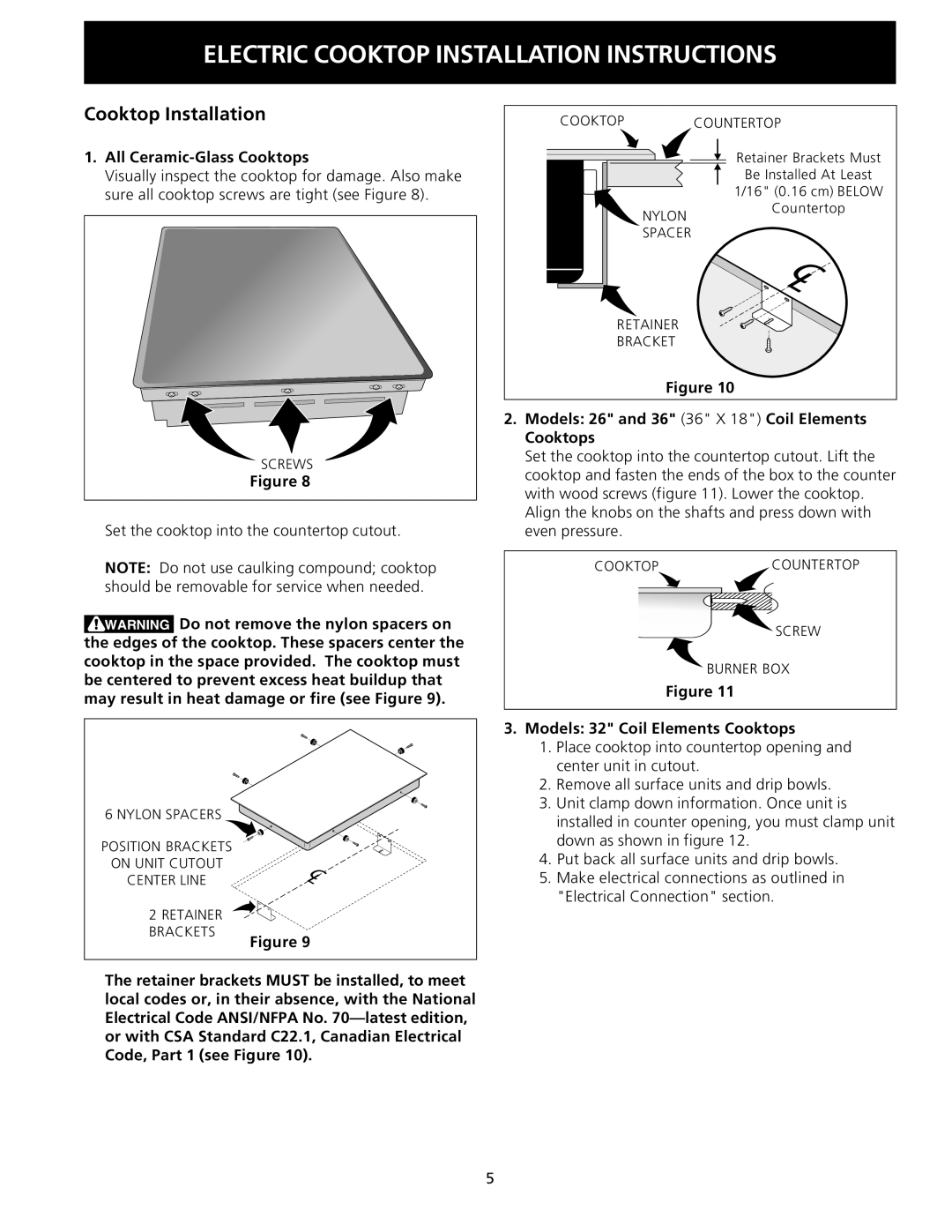 Frigidaire 318201426 (0810), FEC32S6AS Cooktop Installation, All Ceramic-Glass Cooktops, Models 32 Coil Elements Cooktops 