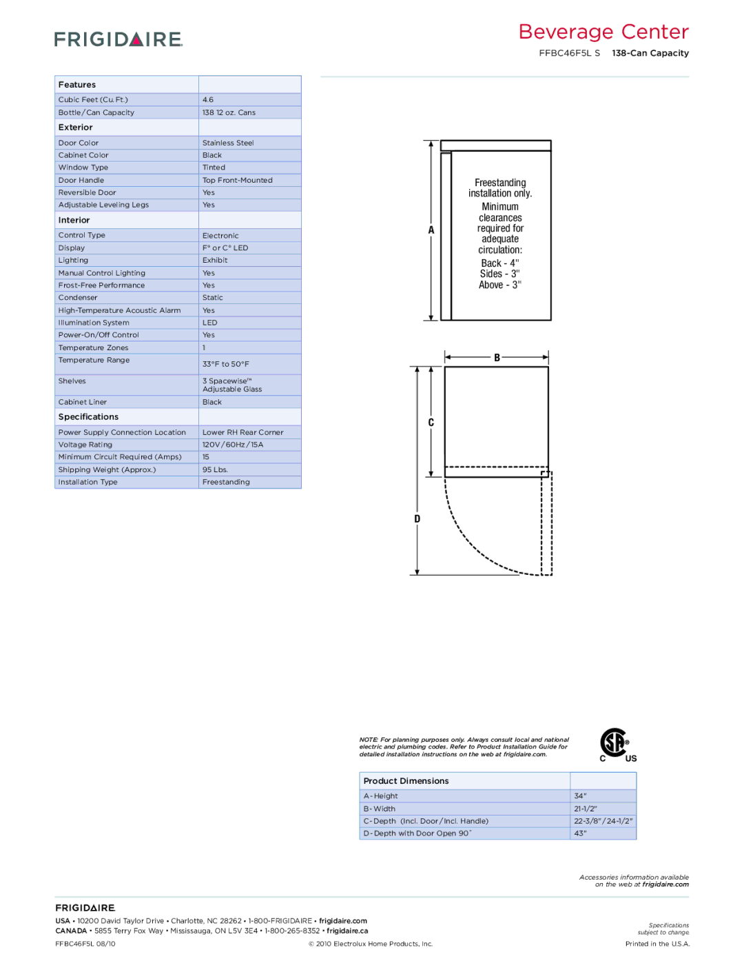 Frigidaire FFBC46F5L S dimensions Features, Exterior, Interior, Specifications, Product Dimensions 