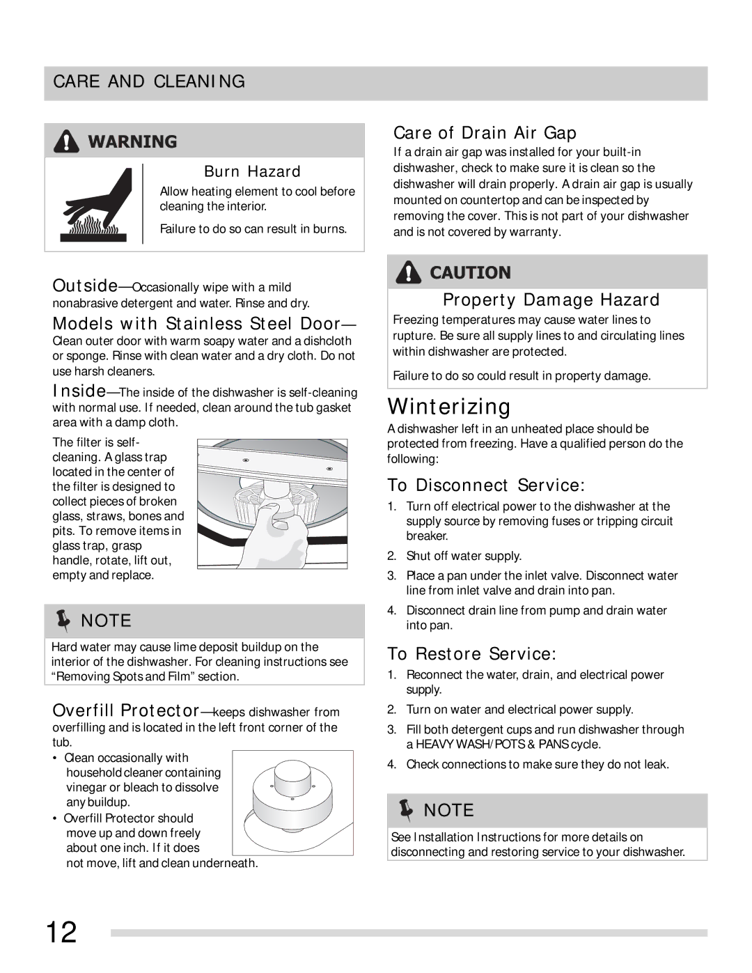 Frigidaire FFBD2406NS, FFBD2406NB, FFBD2411NW, FFBD2406NW, FFBD2411NS-PKG, FFBD2411NB Winterizing, Care and Cleaning 