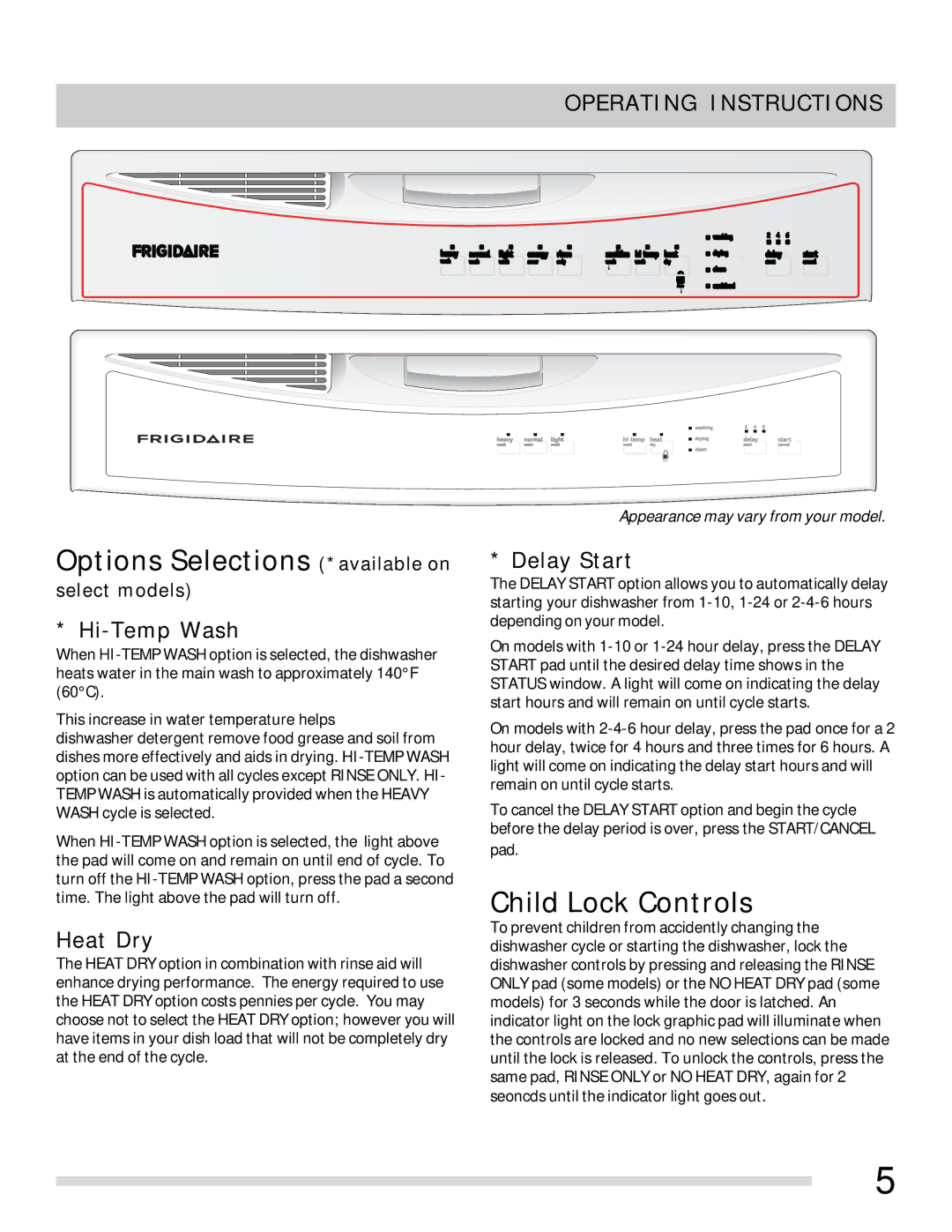 Frigidaire FFBD2411NS-PKG, FFBD2406NS Options Selections *available on, Child Lock Controls, Operating Instructions 