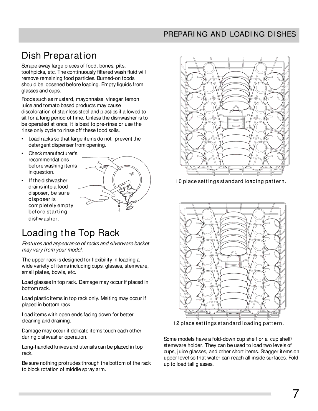 Frigidaire FFBD2411NM, FFBD2406NS, FFBD2406NB Dish Preparation, Loading the Top Rack, Preparing and Loading Dishes 