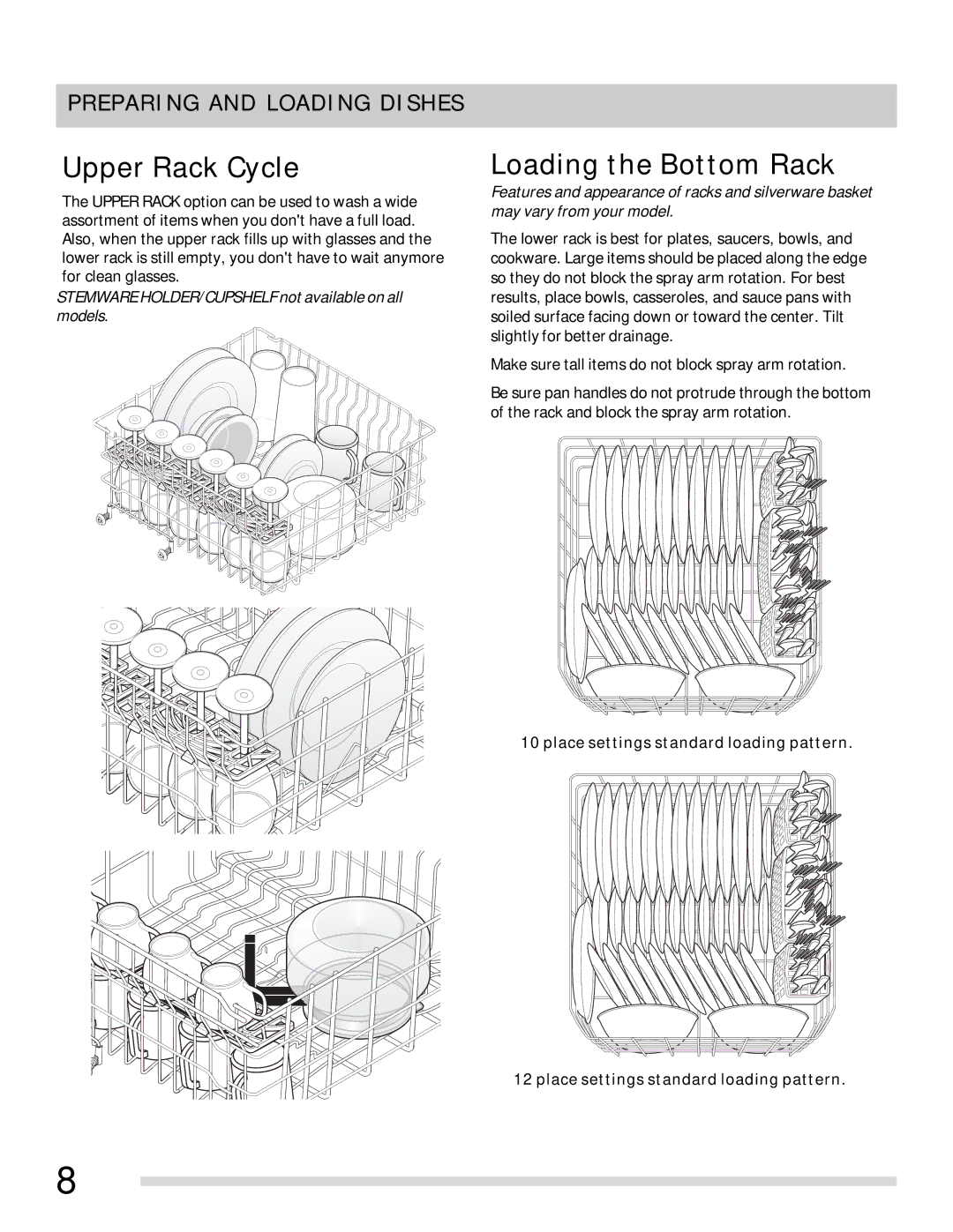 Frigidaire FFBD2411NQ, FFBD2406NS, FFBD2406NB, FFBD2411NS, FFBD2411NW, FFBD2406NW Upper Rack Cycle, Loading the Bottom Rack 