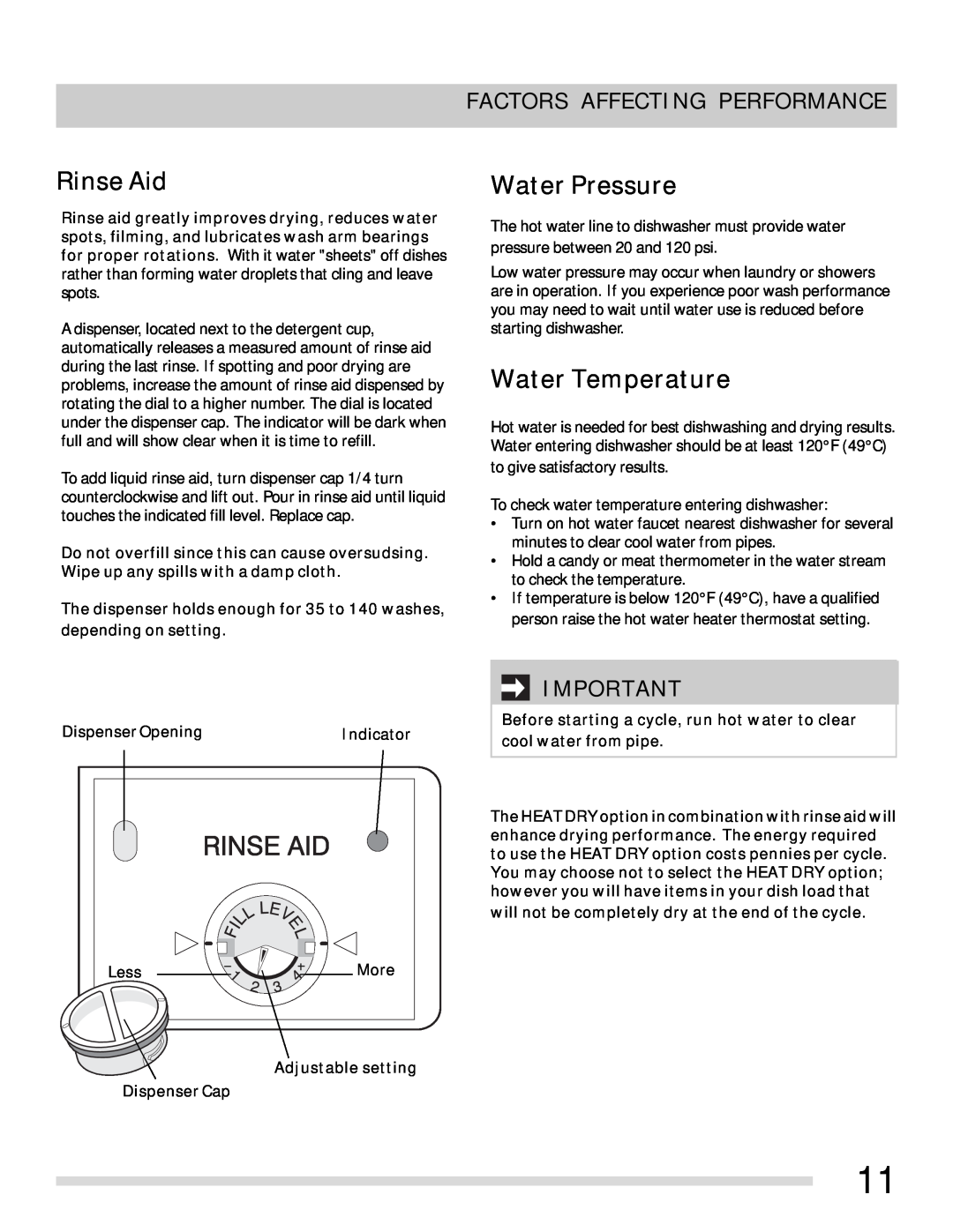 Frigidaire FFBD2406NB, FFBD2406NS, FFBD2411NS Rinse Aid, Water Pressure, Water Temperature, Factors Affecting Performance 