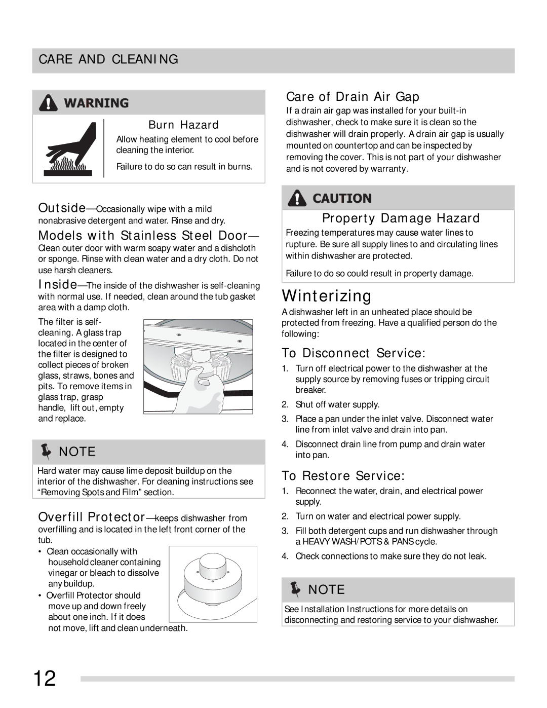 Frigidaire FFBD2407LB, FFBD2407LS, FFBD2407LQ, FFBD2407LW, FFBD2407LM, FFBD2403LB, FFBD2403LS Winterizing, Care and Cleaning 