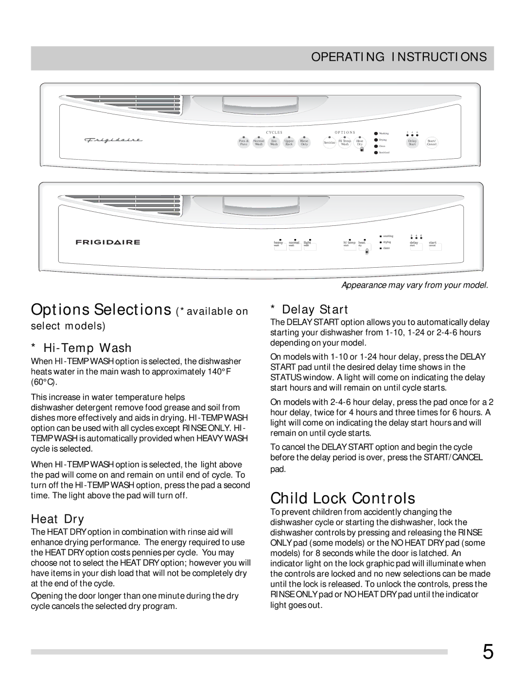 Frigidaire FFBD2403LB, FFBD2407LS, FFBD2407LQ Options Selections *available on, Child Lock Controls, Operating Instructions 