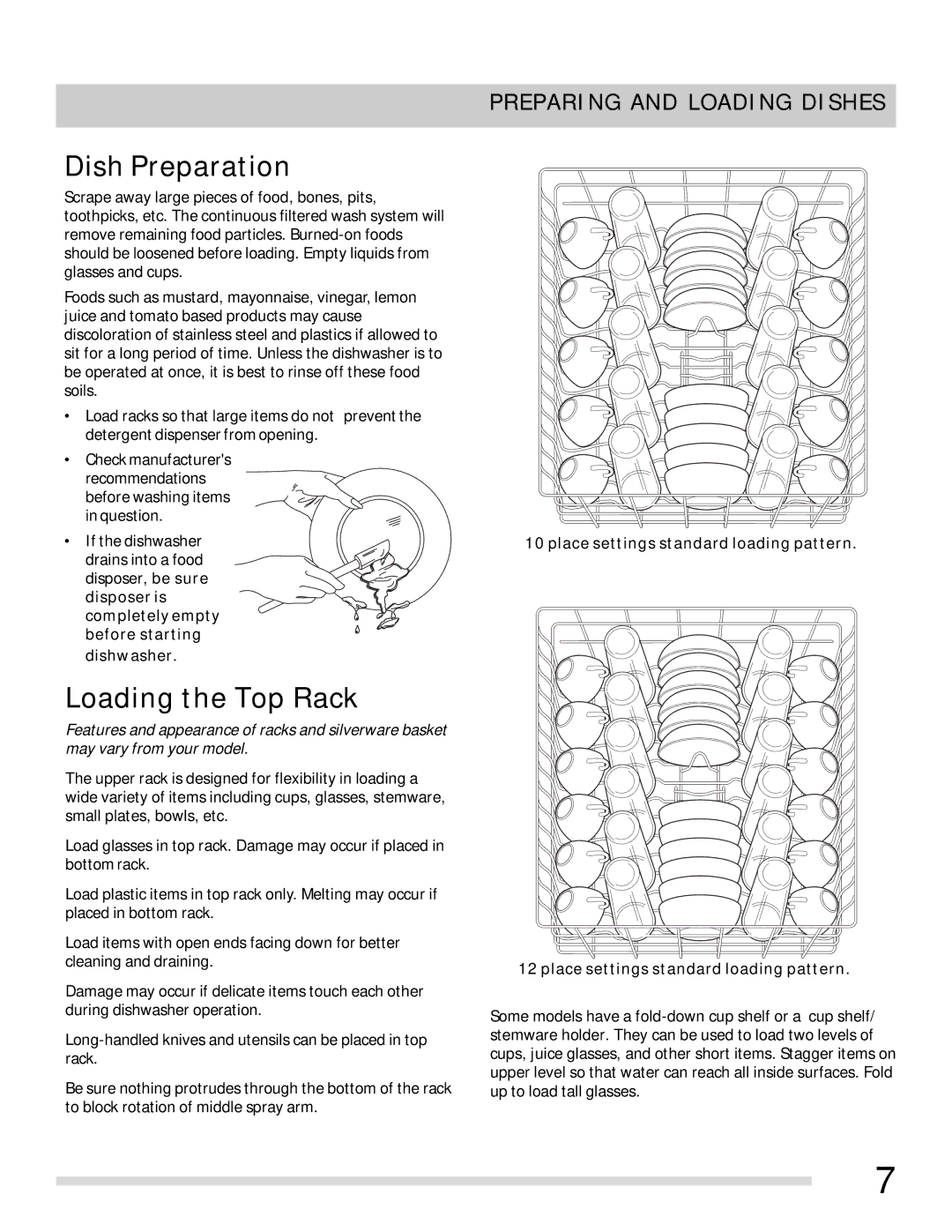 Frigidaire FFBD2403LW, FFBD2407LS Dish Preparation, Loading the Top Rack, Preparing and Loading Dishes, Dishwasher 