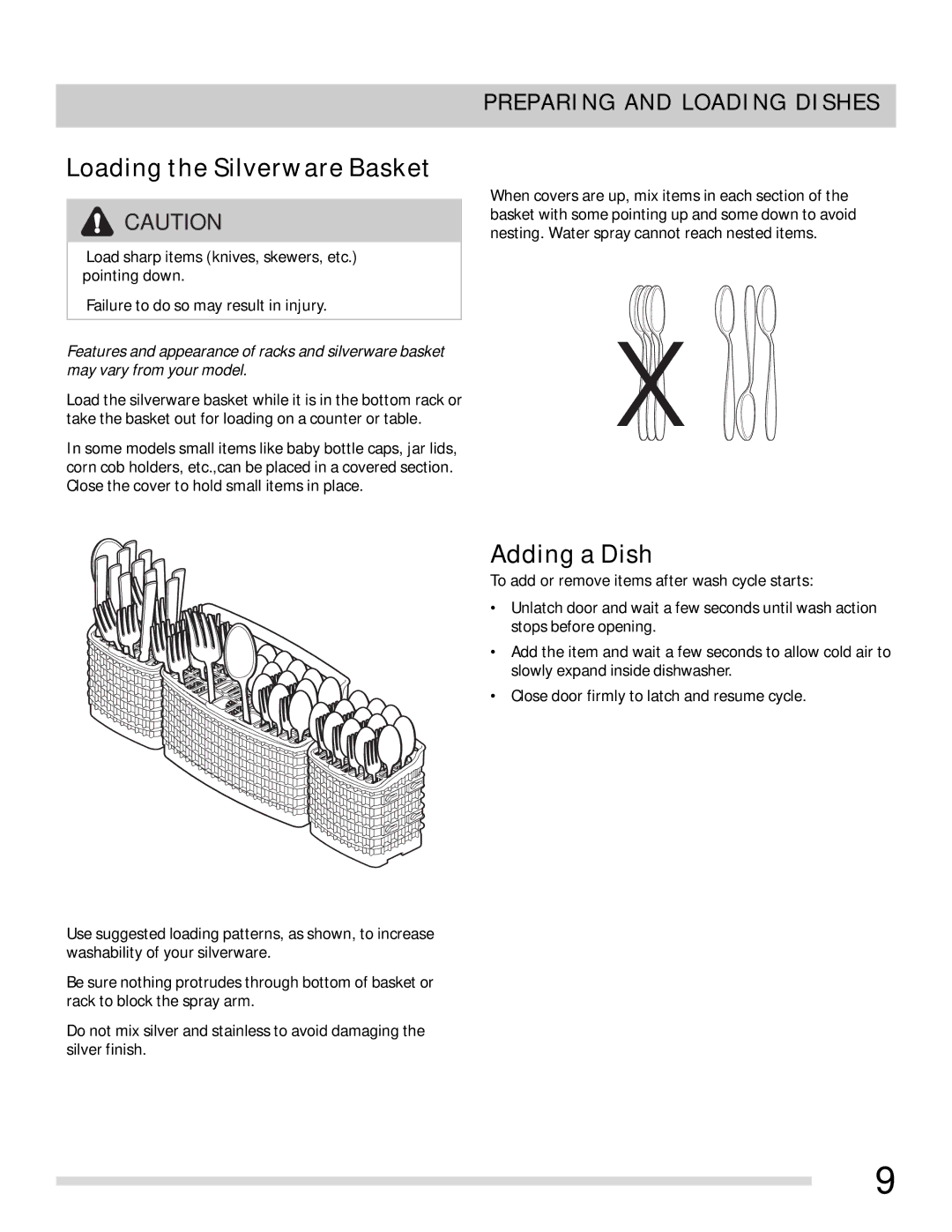 Frigidaire FFBD2407LS, FFBD2407LQ, FFBD2407LW, FFBD2407LB, FFBD2407LM, FFBD2403LB, FFBD2403LS Loading the Silverware Basket 