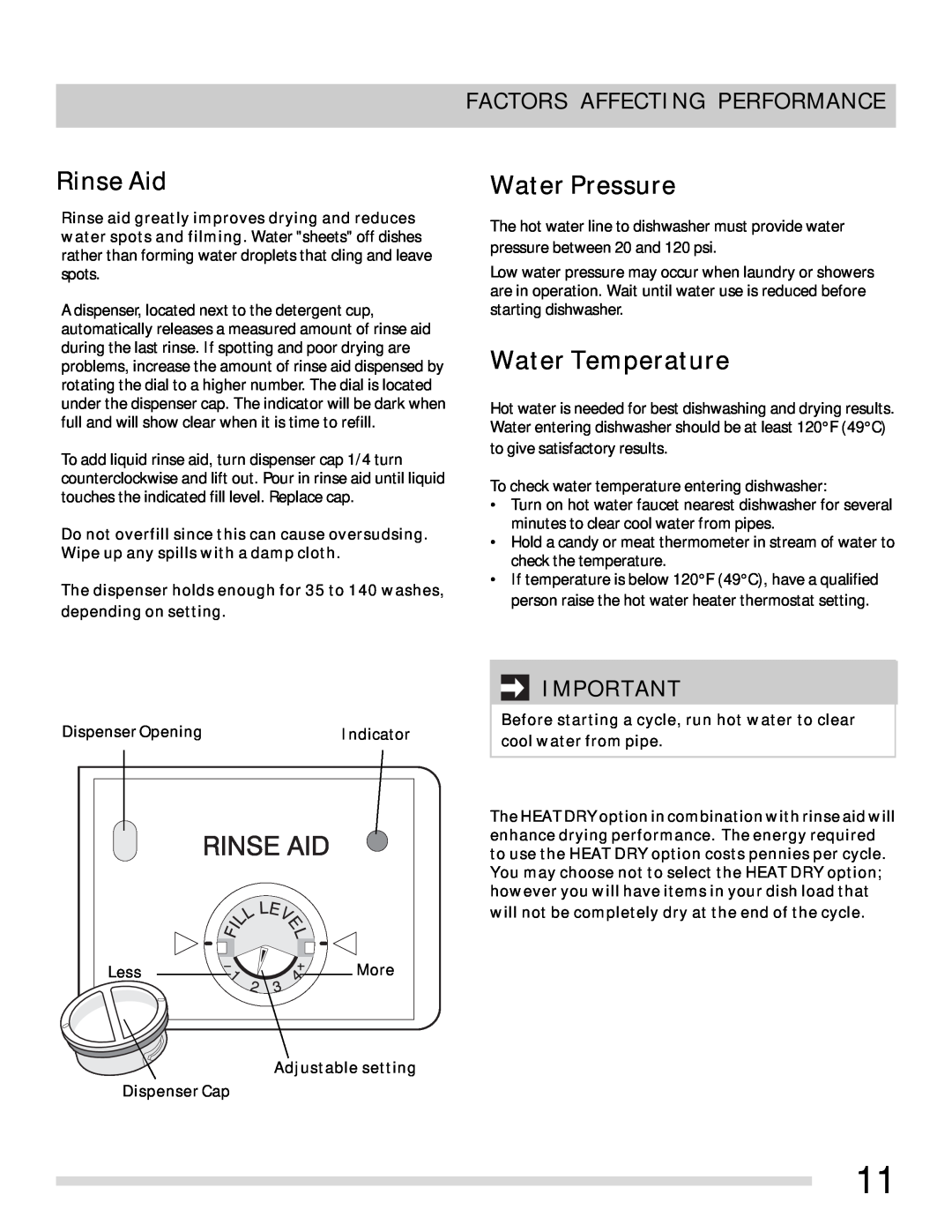 Frigidaire FFBD2407LW, FFBD2407LS, FFBD2407LQ Rinse Aid, Water Pressure, Water Temperature, Factors Affecting Performance 