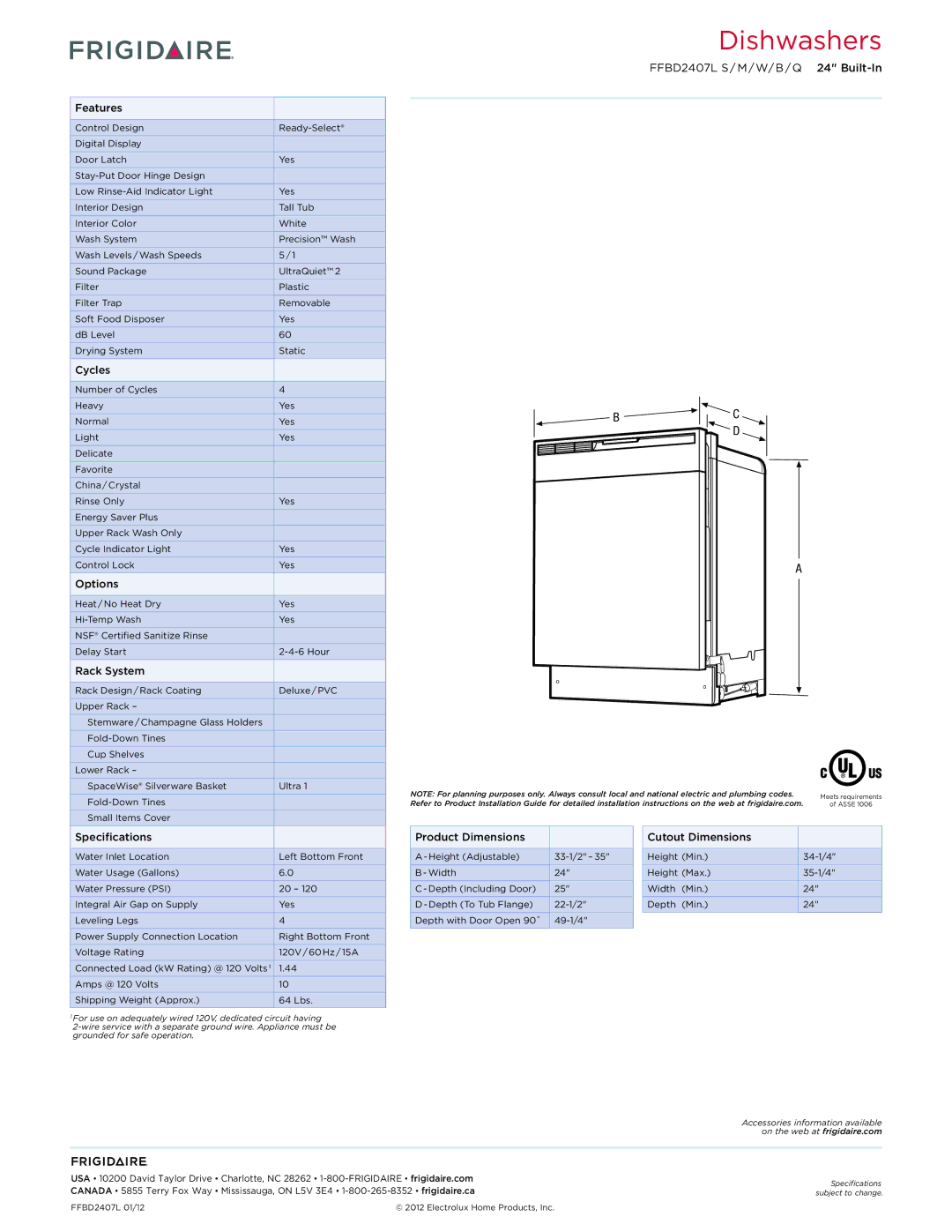 Frigidaire FFBD2407M Features, Cycles, Options, Rack System, Specifications, Product Dimensions Cutout Dimensions 