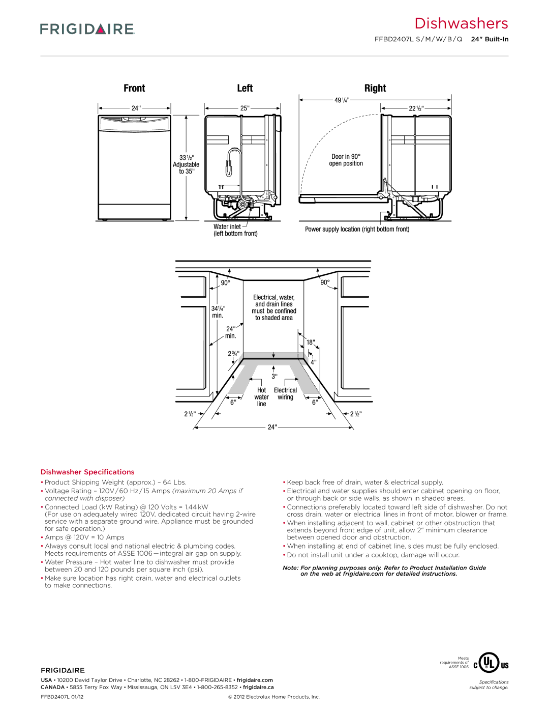 Frigidaire FFBD2407B, FFBD2407W, FFBD2407L, FFBD2407M, FFBD2407S dimensions Dishwasher Specifications 