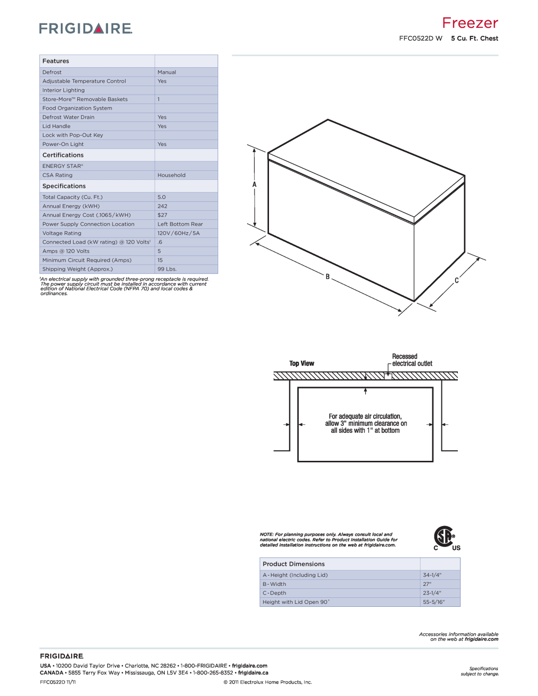 Frigidaire FFC0522D W dimensions Freezer, Features, Certifications, Specifications, Product Dimensions 