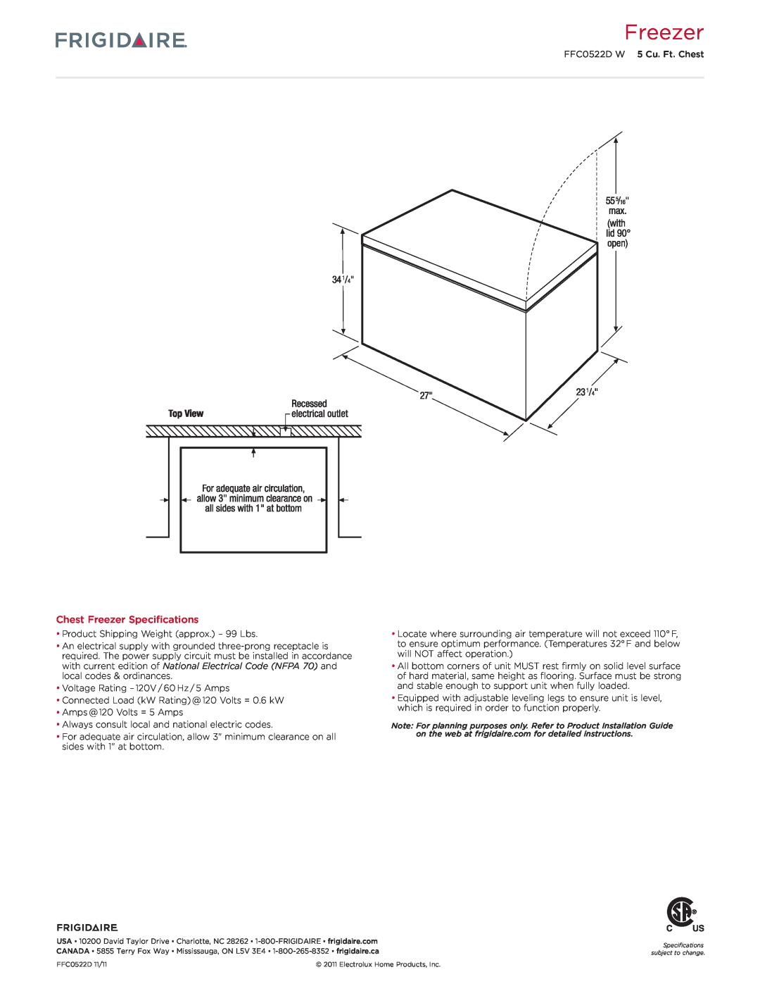 Frigidaire FFC0522D W dimensions Chest Freezer Specifications 