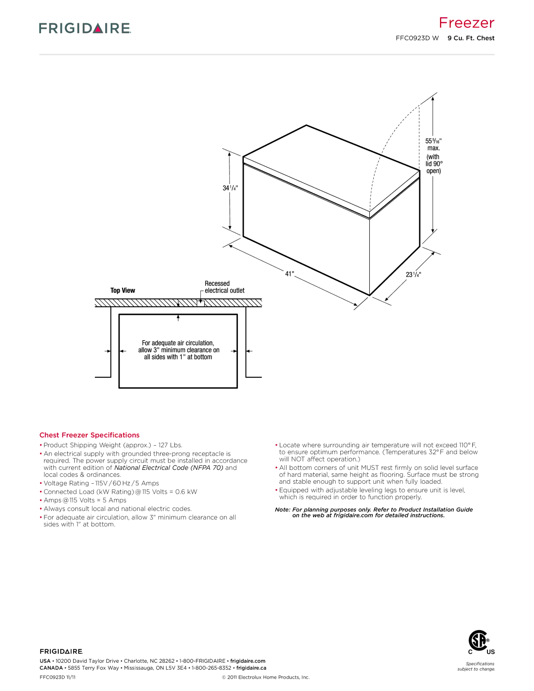 Frigidaire FFC0923D W dimensions Chest Freezer Specifications 