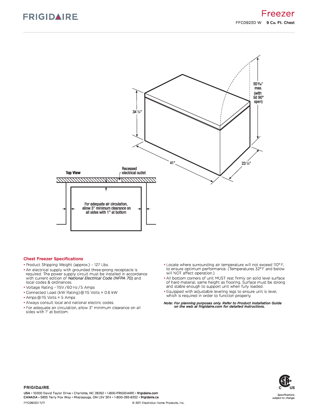 Frigidaire FFC0923D W dimensions Chest Freezer Specifications 