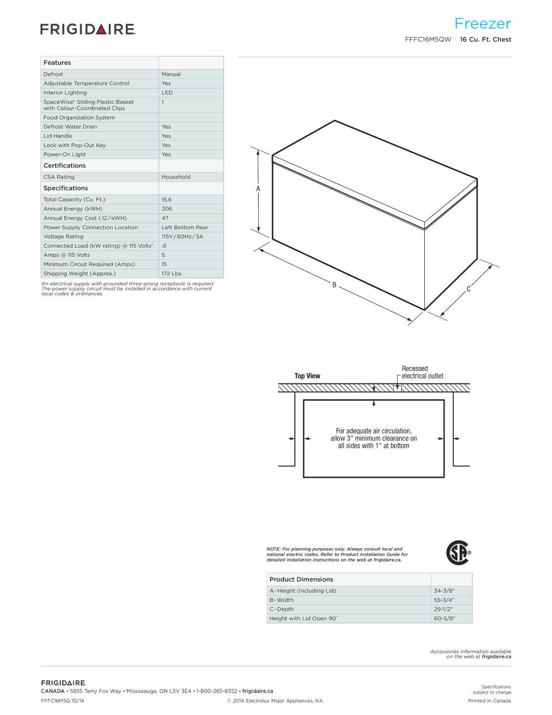 Frigidaire FFC16M5QW dimensions Features, Certifications, Specifications, Product Dimensions 