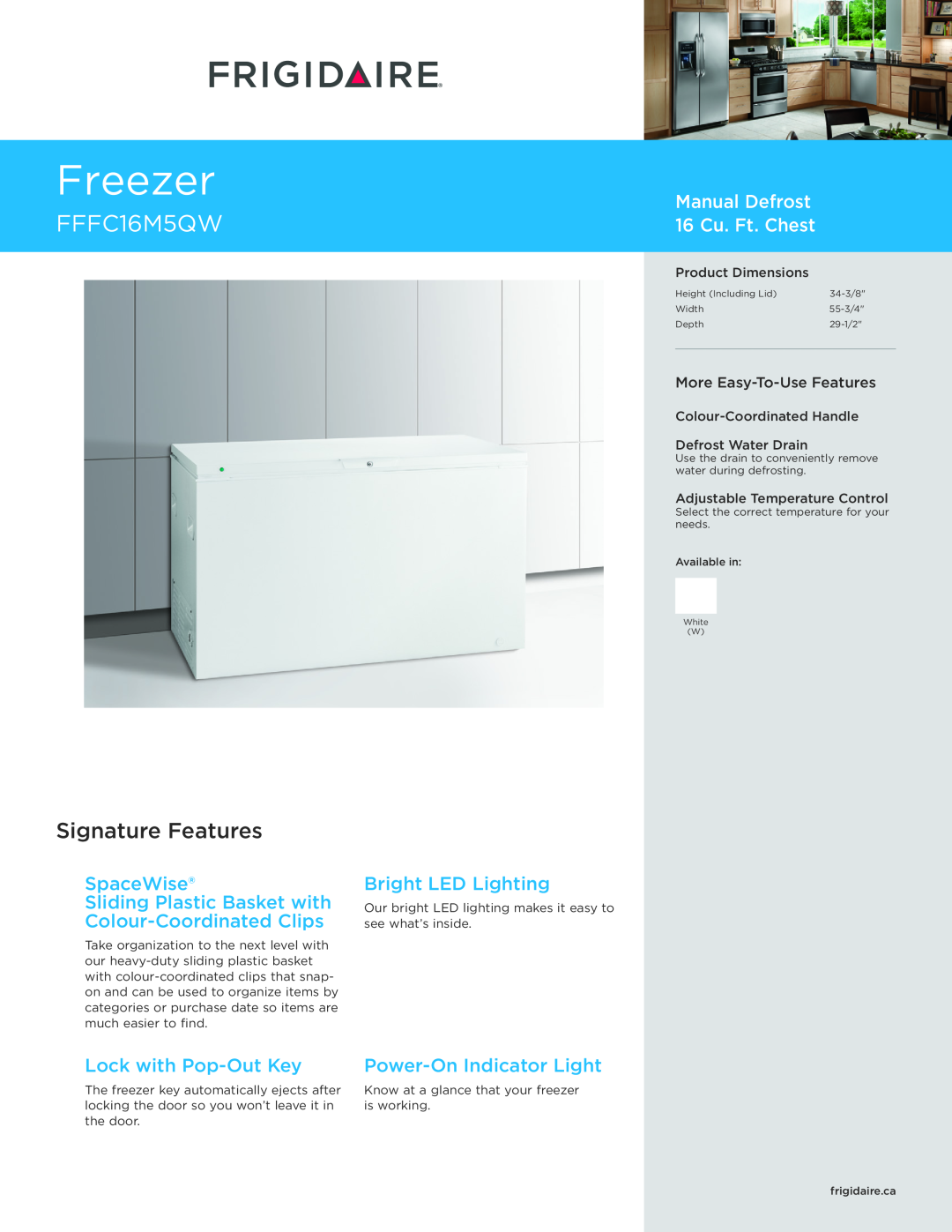 Frigidaire dimensions Freezer, FFFC16M5QW, Signature Features, Manual Defrost 16 Cu. Ft. Chest, SpaceWise 