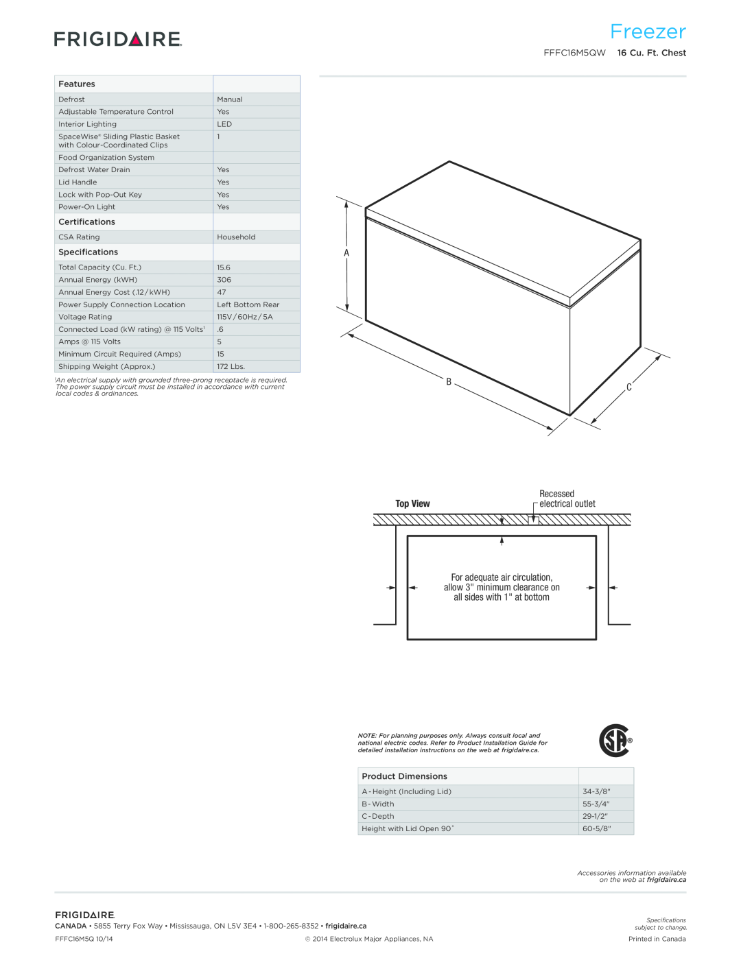 Frigidaire dimensions Freezer, Top View, Recessed, FFFC16M5QW 16 Cu. Ft. Chest, Features, Certifications, Specifications 