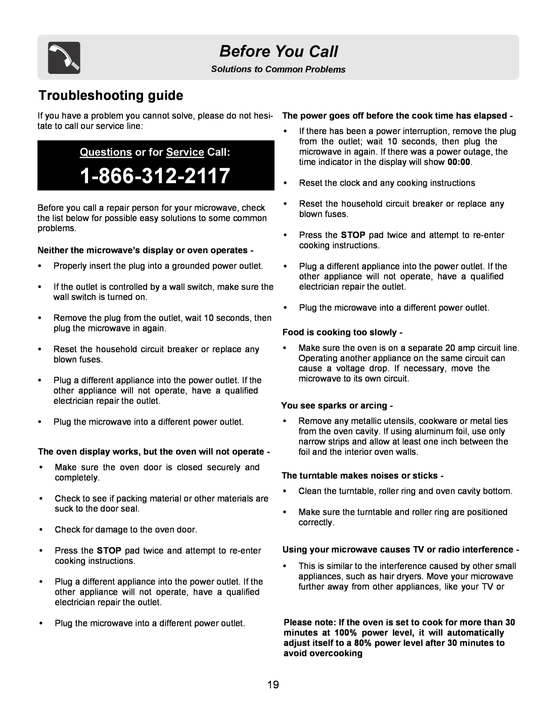 Frigidaire FFCE1439LB Troubleshooting guide, Neither the microwave’s display or oven operates, Food is cooking too slowly 