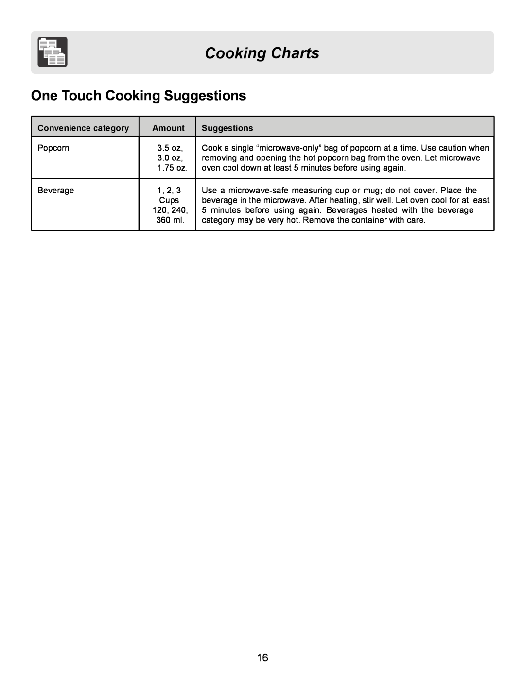 Frigidaire FFCE1638LB, FFCE1638LS, FFCE1638LW One Touch Cooking Suggestions, Convenience category, Amount, Cooking Charts 