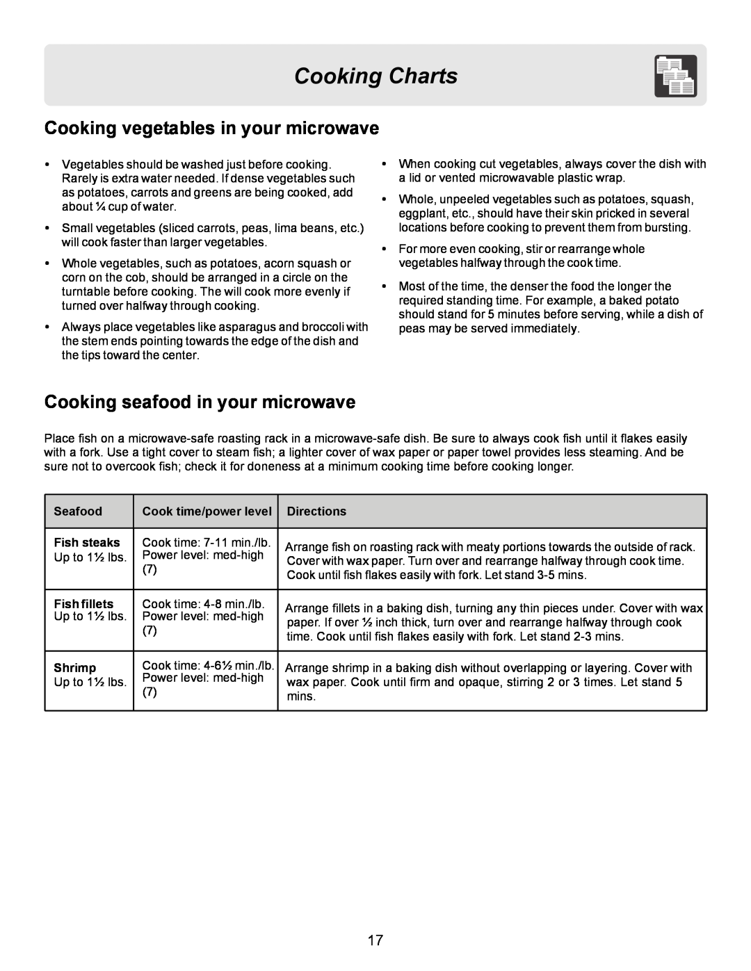 Frigidaire FFCE1638LW Cooking vegetables in your microwave, Cooking seafood in your microwave, Seafood, Fish steaks 