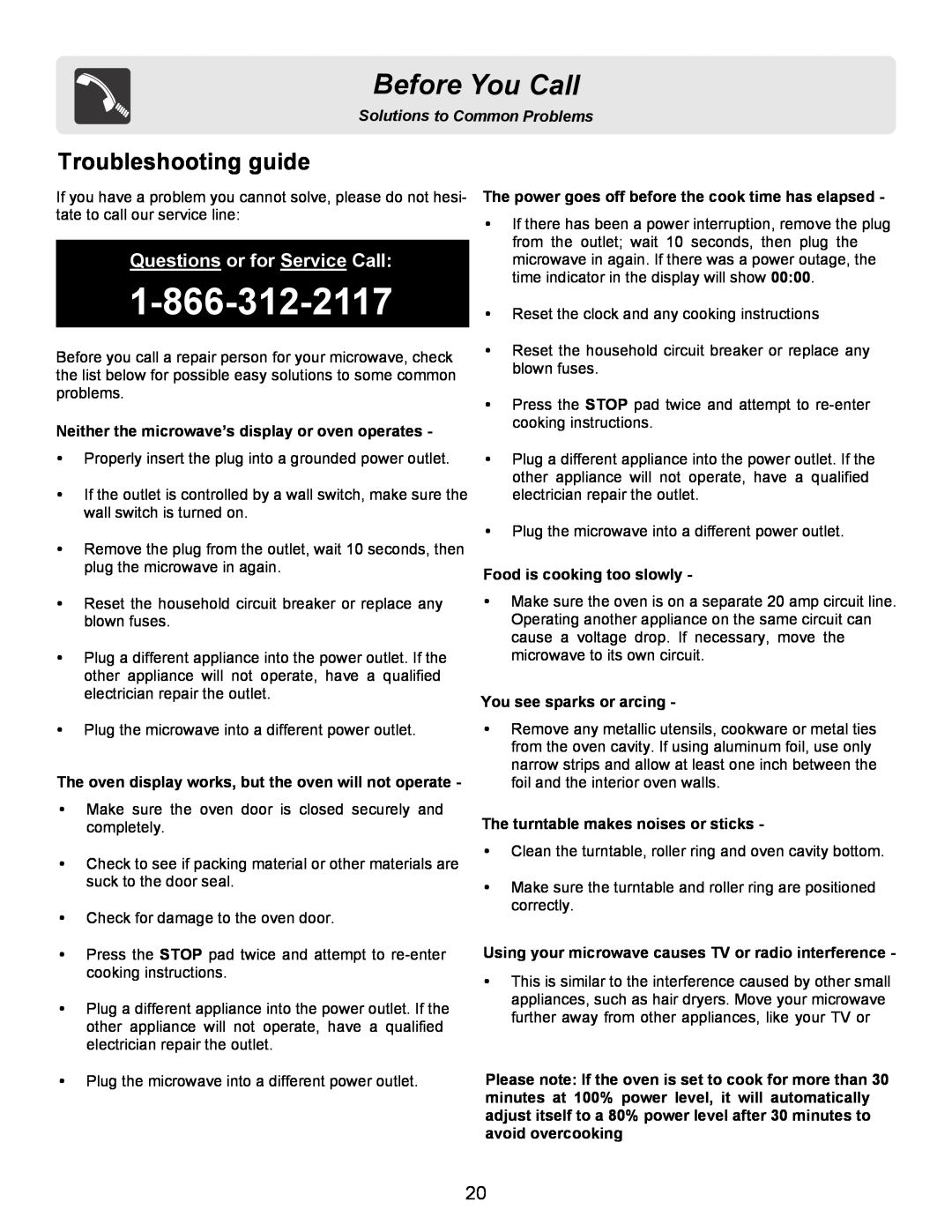 Frigidaire FFCE1638LW Troubleshooting guide, The power goes off before the cook time has elapsed, You see sparks or arcing 