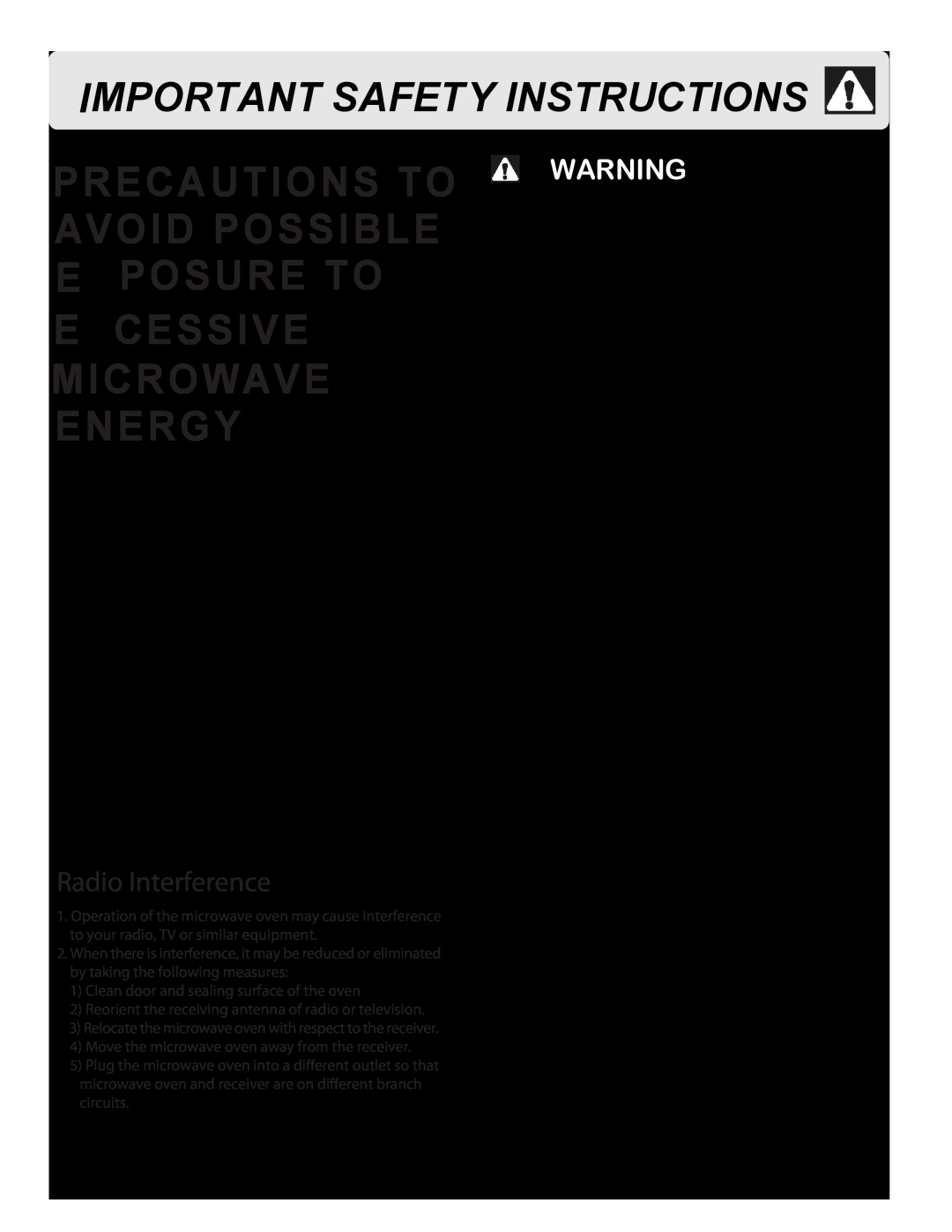 Frigidaire FFCE1638LW PRECAUTIONS TO AVOID POSSIBLE ExPOSURE TO EXCESSIVEx MICROWAVE ENERGY, Important Safety Instructions 