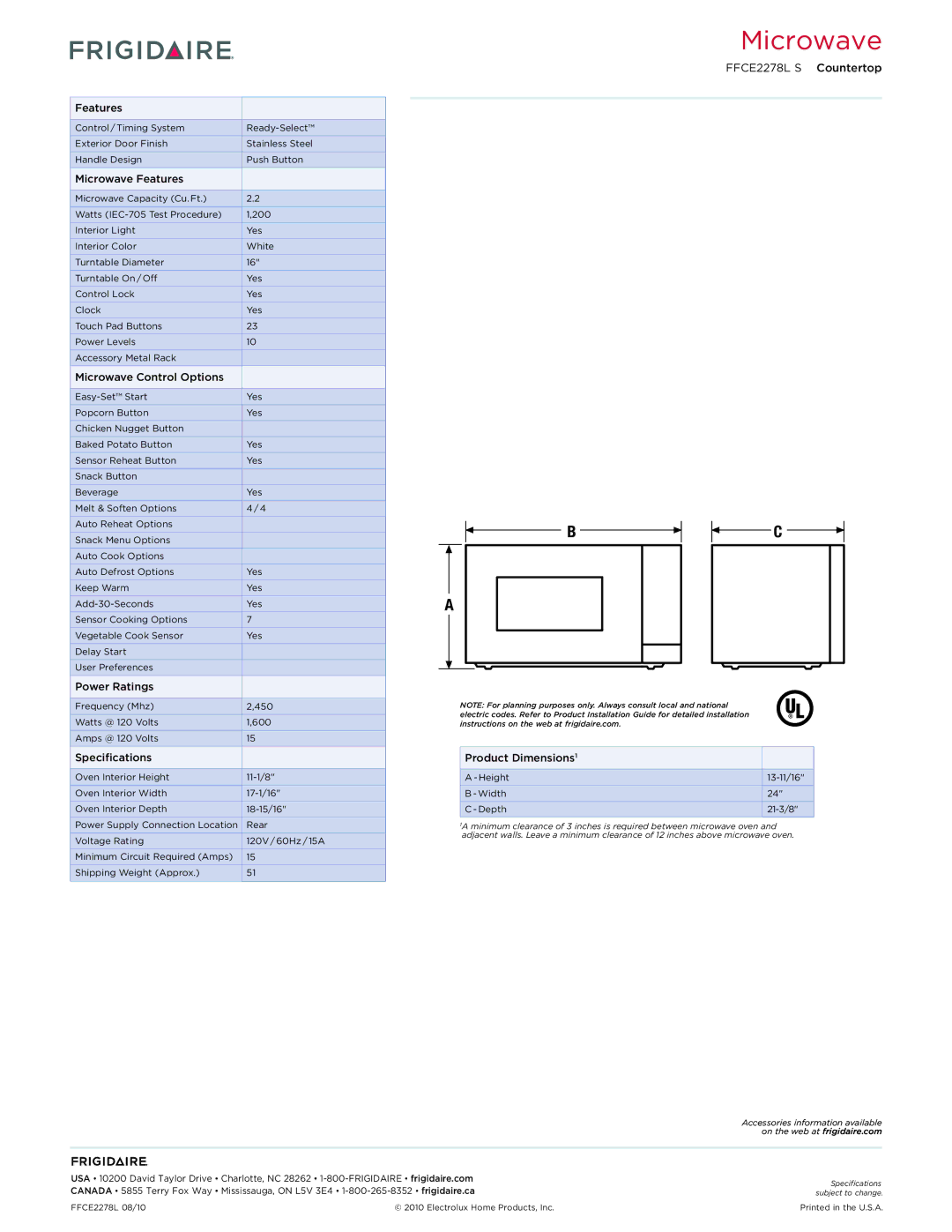 Frigidaire FFCE2278L S dimensions Microwave Features, Microwave Control Options, Power Ratings, Specifications 