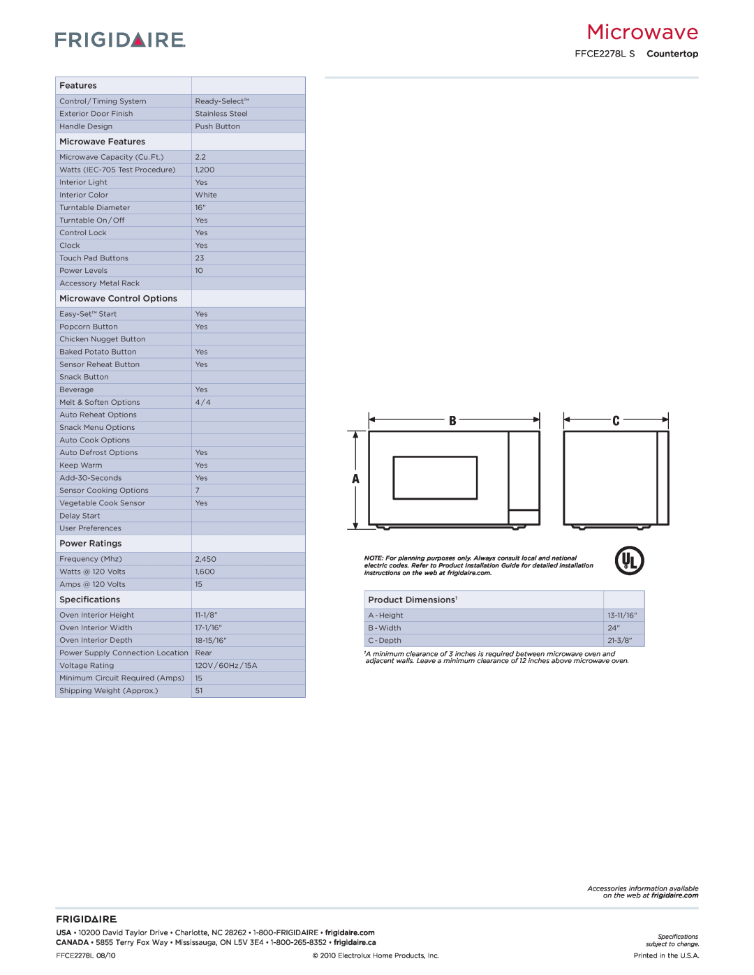 Frigidaire dimensions Microwave, FFCE2278L S Countertop 