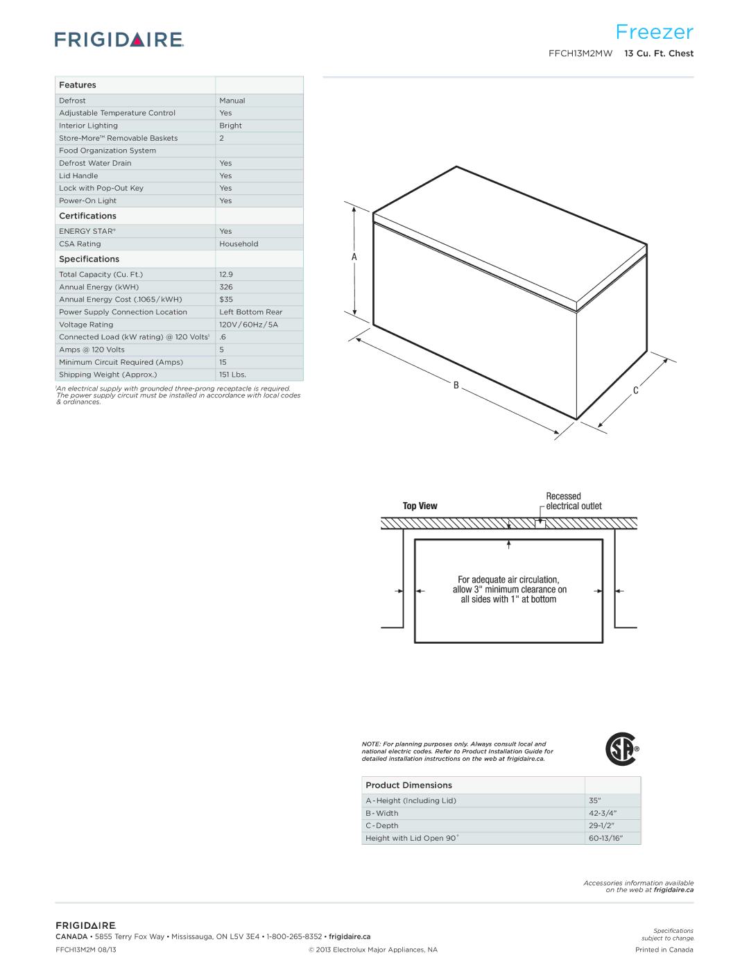 Frigidaire FFCH13M2MW dimensions Features, Certifications, Specifications, Product Dimensions 