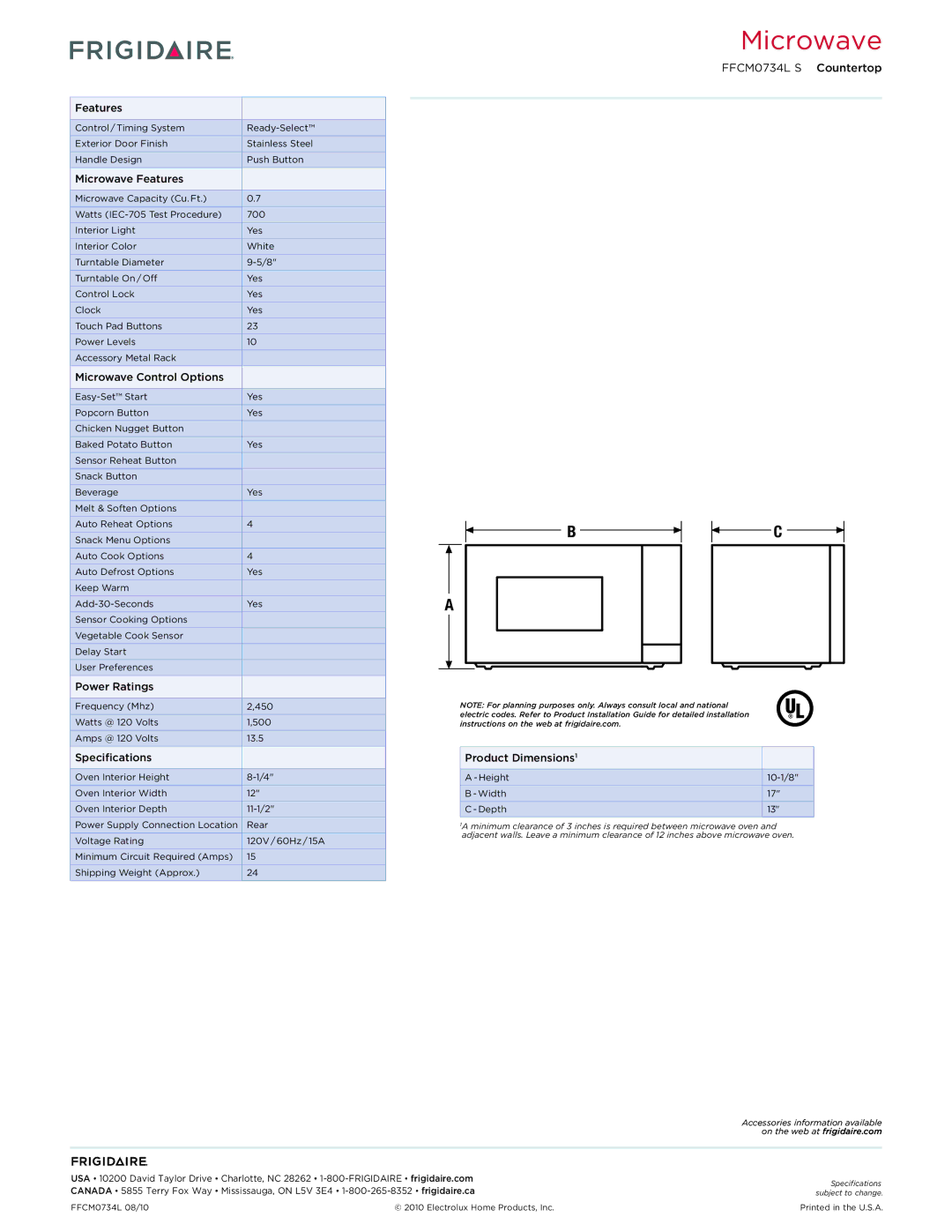 Frigidaire FFCM0734L S dimensions Microwave Features, Microwave Control Options, Power Ratings, Specifications 