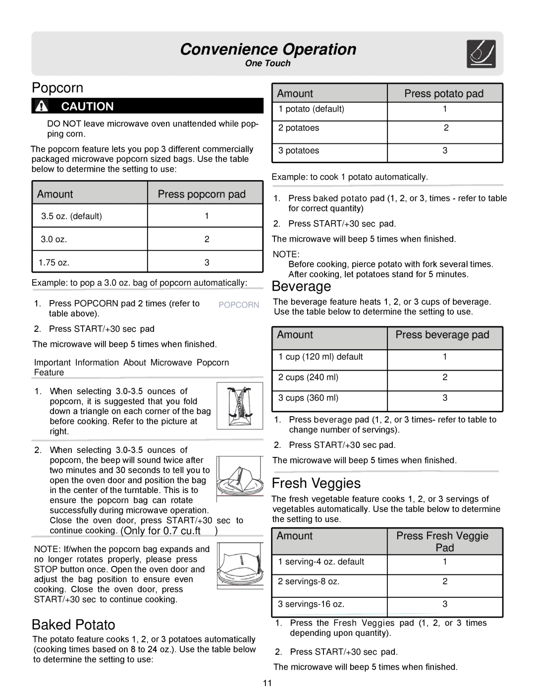 Frigidaire FFCM1134LB, FFCM1134LW, FFCM1134LS, FFCM0934LS Convenience Operation, Popcorn, Fresh Veggies, Baked Potato 