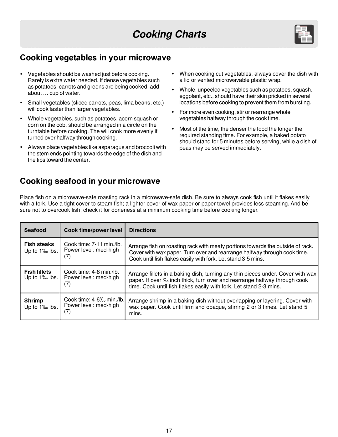 Frigidaire FFCM0724LW Cooking vegetables in your microwave, Cooking seafood in your microwave, Fish fillets, Shrimp 