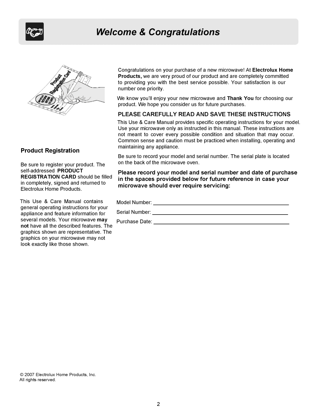 Frigidaire FFCM1134LS, FFCM1134LW, FFCM1134LB, FFCM0934LS, FFCM0734LS Welcome & Congratulations, Product Registration 