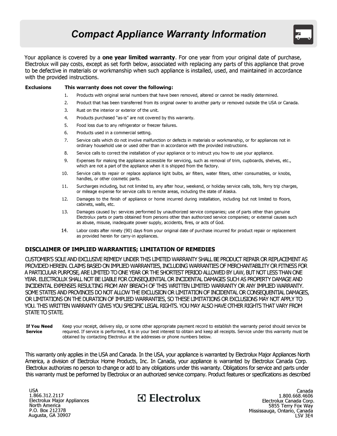 Frigidaire FFCM1134LB, FFCM1134LW, FFCM1134LS, FFCM0934LS, FFCM0734LS Compact Appliance Warranty Information, Exclusions 