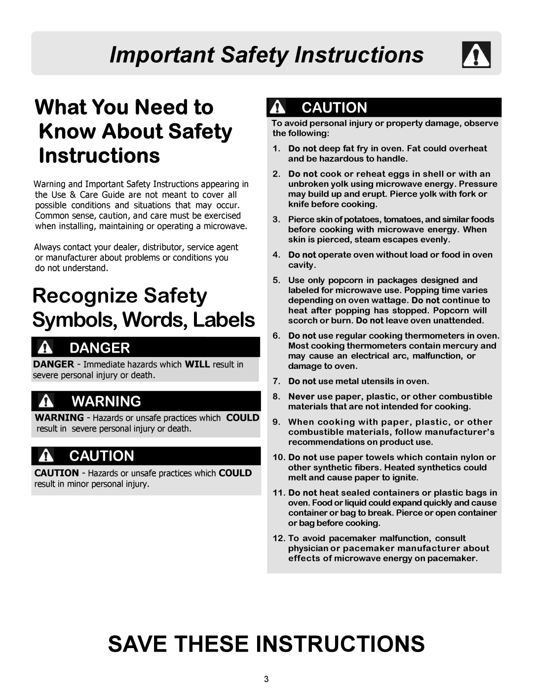 Frigidaire FFCM0934LS, FFCM1134LW, FFCM1134LB, FFCM1134LS, FFCM0734LS, FFCM0934LB, FFCM0724LB Important Safety Instructions 