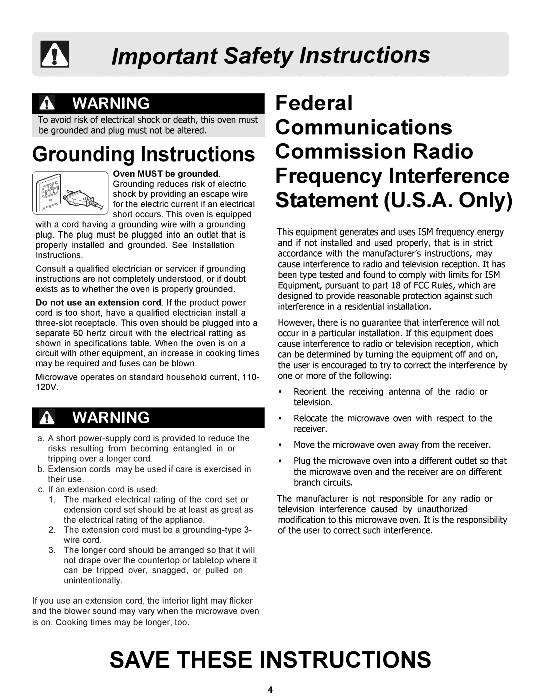 Frigidaire FFCM0734LS, FFCM1134LW, FFCM1134LB, FFCM1134LS, FFCM0934LS, FFCM0934LB, FFCM0724LB, FFCM0724LW Grounding Instructions 