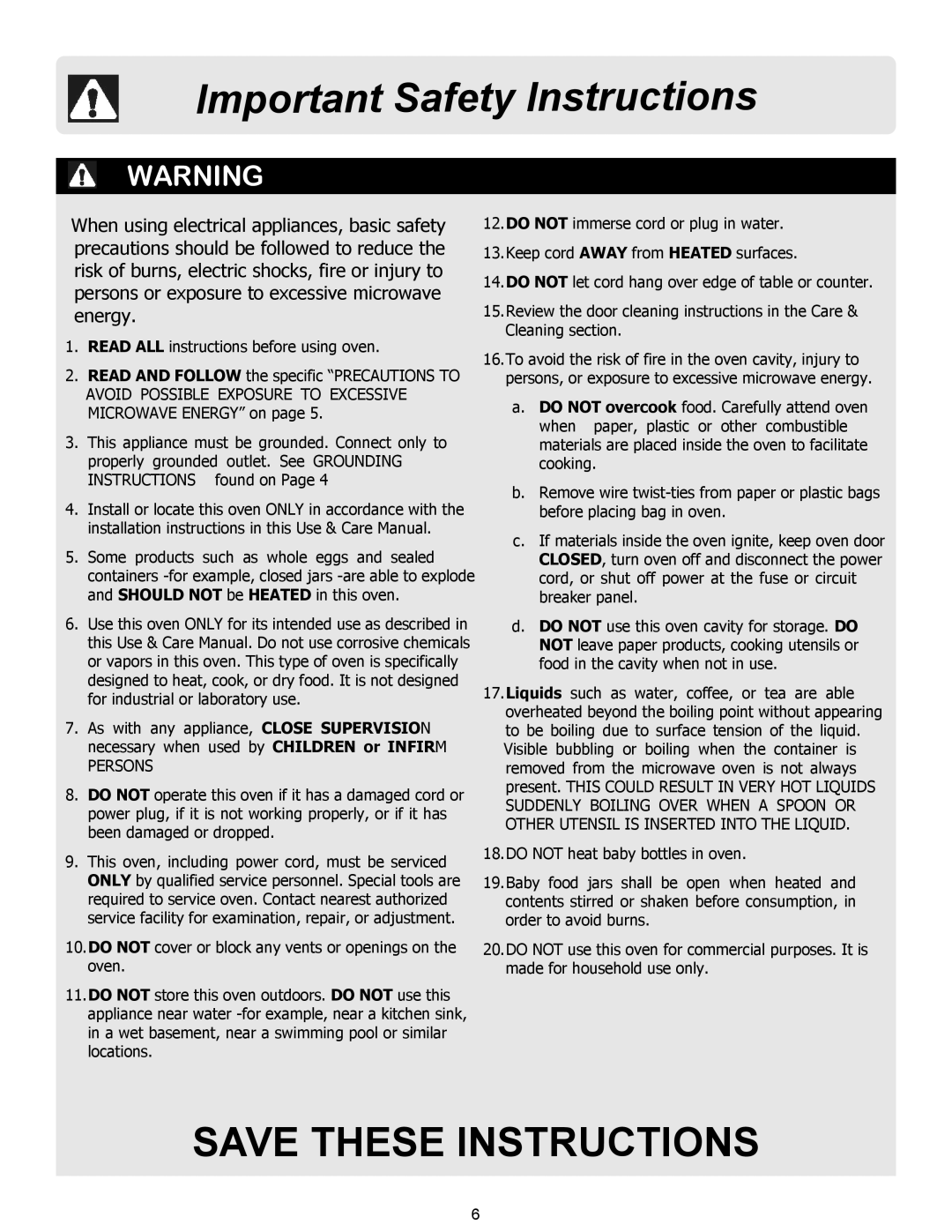 Frigidaire FFCM0724LB, FFCM1134LW, FFCM1134LB, FFCM1134LS, FFCM0934LS, FFCM0734LS, FFCM0934LB Important Safety Instructions 